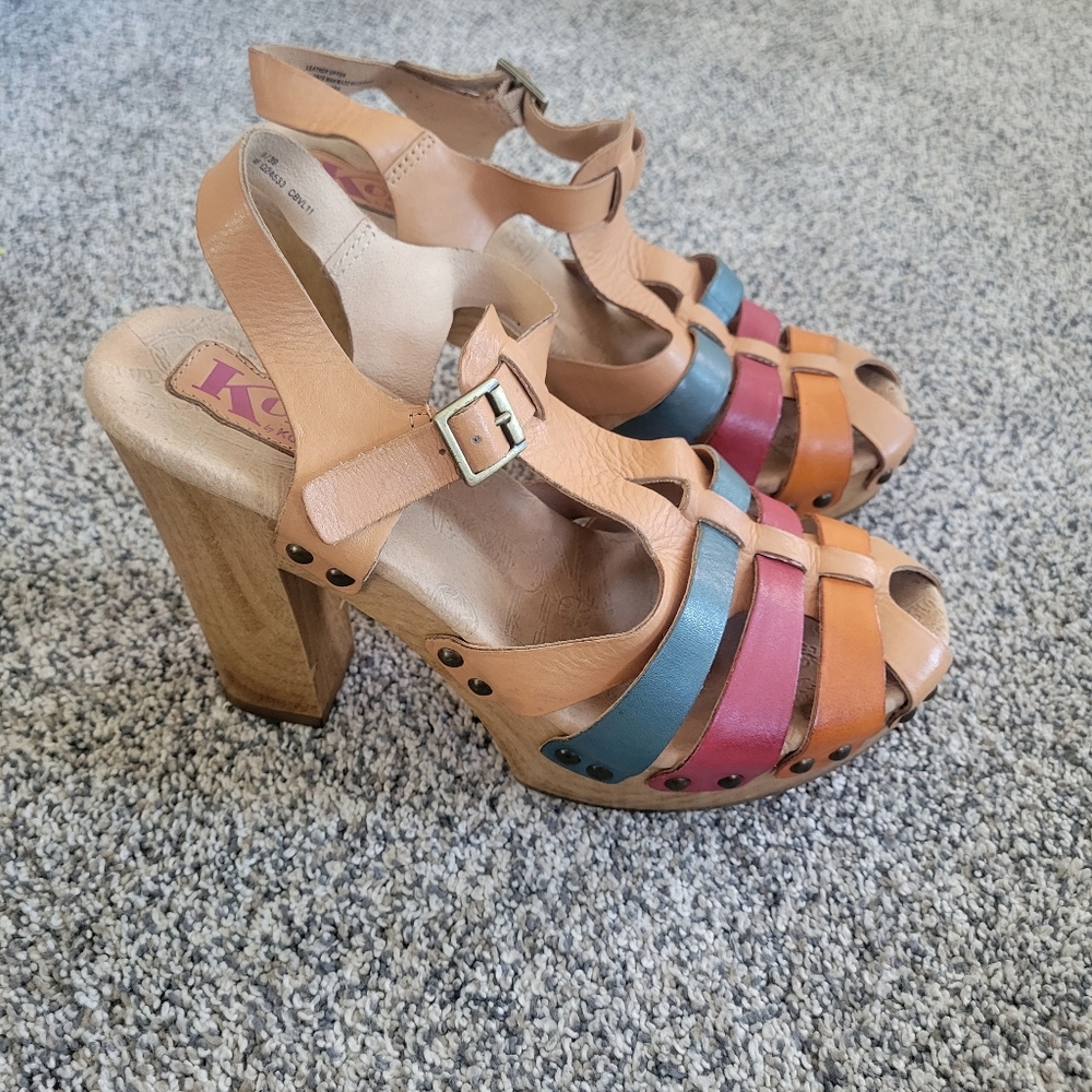 Kork-Ease Tan Multi-Color Strappy Heels fit like 7.5